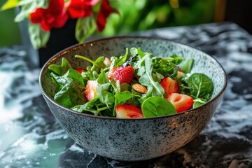 New salad with arugula strawberries spinach and nuts