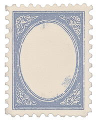 Postage stamp vintage beige and blue vertical empty space oval old blue ink weathered design postage stamp with copy space