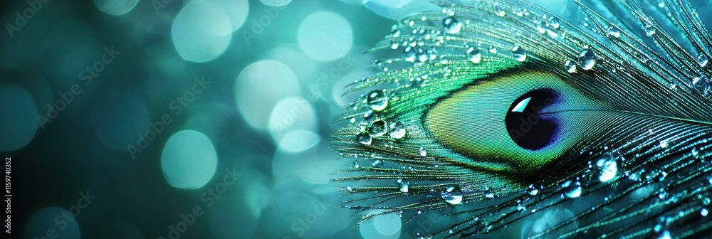 Aufkleber close up of a vibrant peacock feather adorned with dew drops showcasing stunning colors and textures