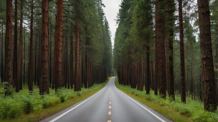 Fototapeta premium highway road trip,Straight road bordered by lush green pine forests