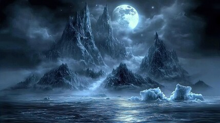 A serene, moonlit landscape featuring jagged mountains and a tranquil ocean.