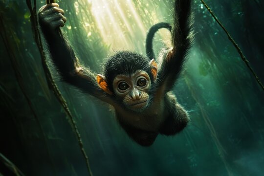 Detailed portrait of expressive spider monkey in forest canopy