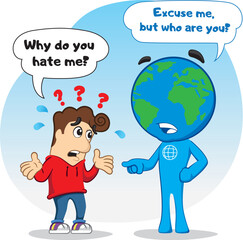 Illustrated cartoon representing a dialogue between a person and planet Earth. Ideal for educational and cultural materials