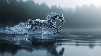 Obraz premium A mystical horse made of water galloping through a calm lake, its body splashing and reforming as it moves, symbolizing fluidity and freedom. 