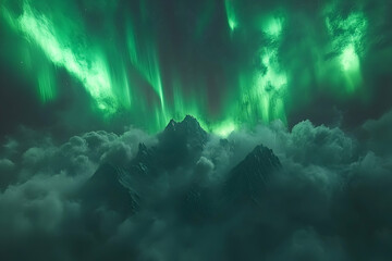 Obraz premium Enchanting aurora borealis illuminates a majestic mountain peak shrouded in mystical clouds, creating a breathtaking, ethereal nightscape.
