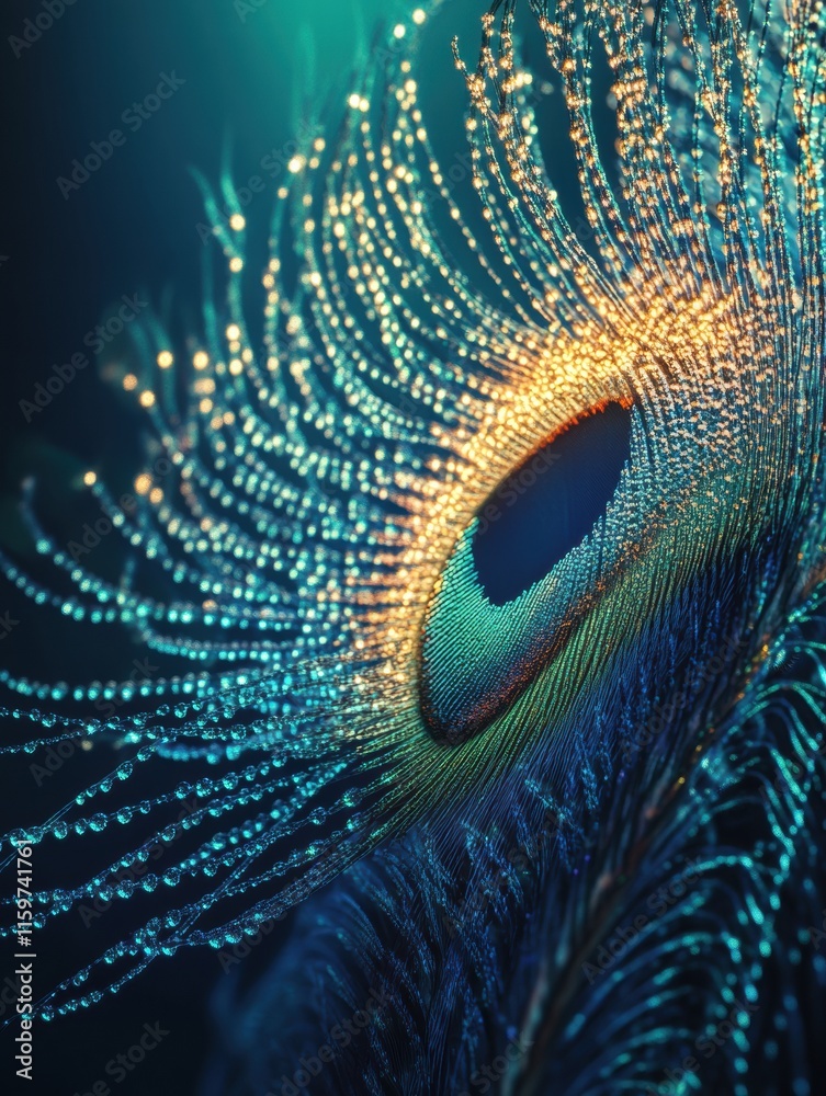 Poster close up of a vibrant peacock feather adorned with dew drops and unique textures for creative design