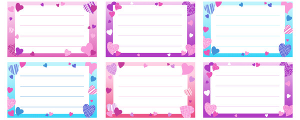 Set of colorful notebook name stickers with different style hearts and copy space. Vector illustration for school supplies. Labels.