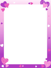 Blank pages on a purple gradient background decorated with different style hearts. Vector illustration for invitations, recipe, poster, note.