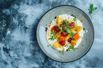 Plate of grilled vegetables with yogurt sauce on light blue stone background Aerial view with space for text