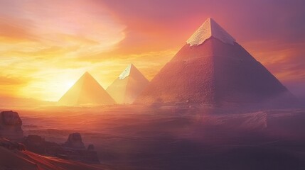 Majestic pyramids at sunset, desert landscape.