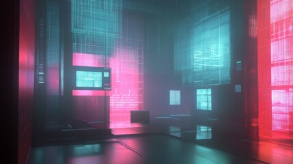 Futuristic Server Room with Digital Displays