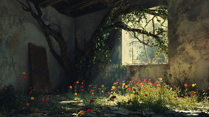 A painterly scene where a tree has fallen through the roof, and from the cracks in the roof, wildflowers and vines are growing, blending nature's destruction with its healing touch. 