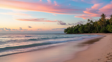 Obraz premium A serene beach scene at sunset, featuring gentle waves, soft pink and orange skies, and lush greenery lining the shore.