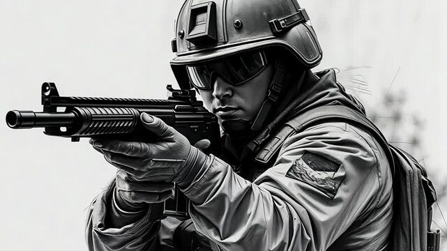A soldier takes careful aim with a rifle in a military training area. The environment is calm, and the focus is on precision and readiness, highlighting the soldier's skills and discipline.