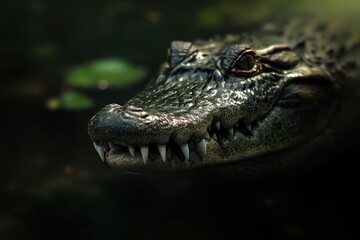 Fototapeta premium Alligator head in closeup macro photography with dramatic lighting