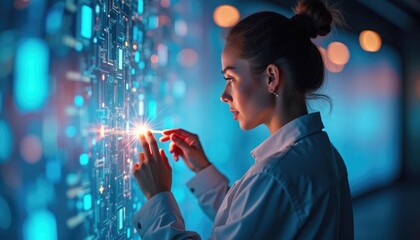  A woman in a white shirt interacts with a digital interface, her fingers poised over a glowing screen, with a blurred background of blue and orange lights.
