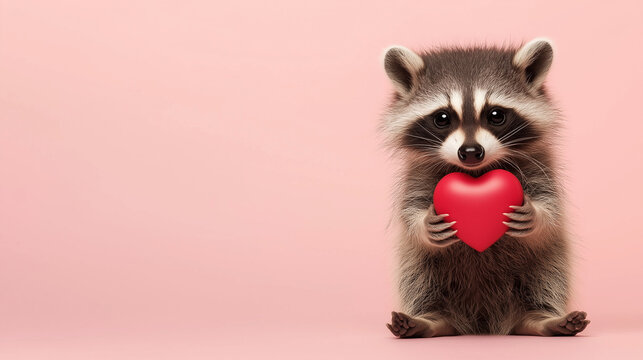 A cute raccoon  holding a red heart , set against a soft pink background flat surface. The design features ample blank space, making it perfect for a Valentine’s Day gift card
