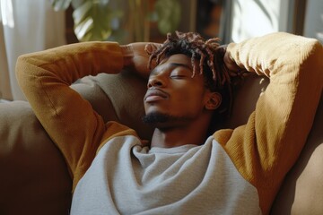 Relaxed young Black man lounging on a comfortable couch hands behind his head gazing off Content millennial of mixed descent dreaming and savoring his weekend