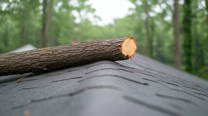 Fototapeta premium Fallen Tree on House Roof After Storm Symbolizing Nature's Force and Home Damage with Focus on Environmental Impact