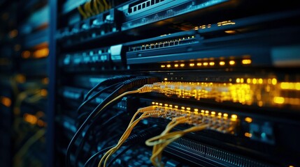 High-Tech Server Rack with Fiber Optic Cables Under Glow