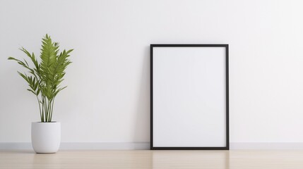 Minimalist Frame Leaning Against White Wall with Plant in Modern Interior Design Setting for Home Decor Inspiration