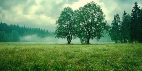 Fototapeta premium Misty morning in a green field with two trees and a forest in the background.