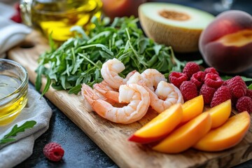 Salad ingredients and accompaniments including shrimp raspberries olive oil melon peach arugula and baguette arranged on a wooden board