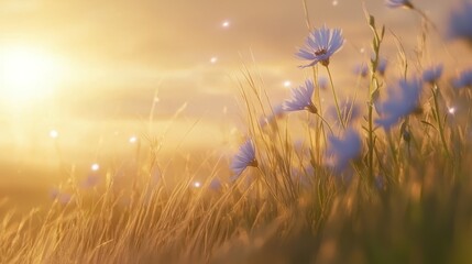 Obraz premium Sunset illuminating blue wildflowers in a field.