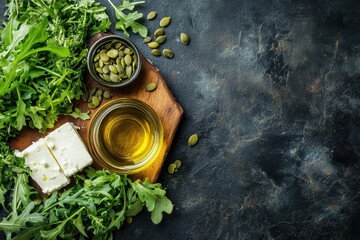 Naklejka premium Salad of beets arugula feta pumpkin seeds and olive oil on a dark backdrop Emphasizing healthy organic nutrition with fresh vegetables Aerial perspective with e