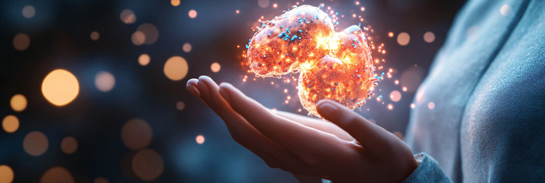 A person holding a floating thyroid model, with abstract streams of light representing the intricate balance of hormones and the role of medical care in maintaining health.  