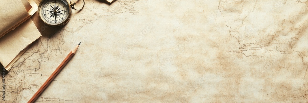 Leinwandbilder Vintage map with compass and pencil ready for exploration and adventure planning in a timeless setting. Generative AI