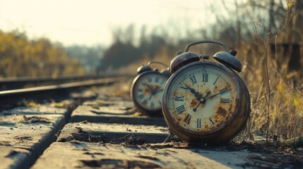 Broken clocks symbolize halted progress and lost time amidst an overgrown railway landscape at sunset