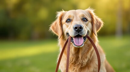 Happy golden retriever holding a leash in a sunny park