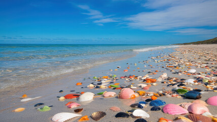 A vibrant beach scene showcasing a variety of colorful seashells scattered on the shore, under a bright blue sky.