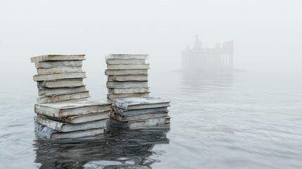 Foggy sea, old books stacked as chairs, ruined building background.