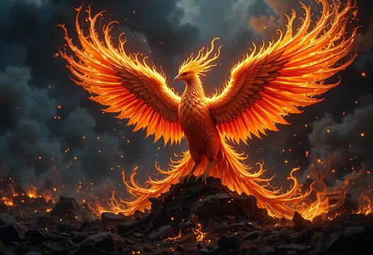 Fiery Phoenix Bird Rising From Embers
