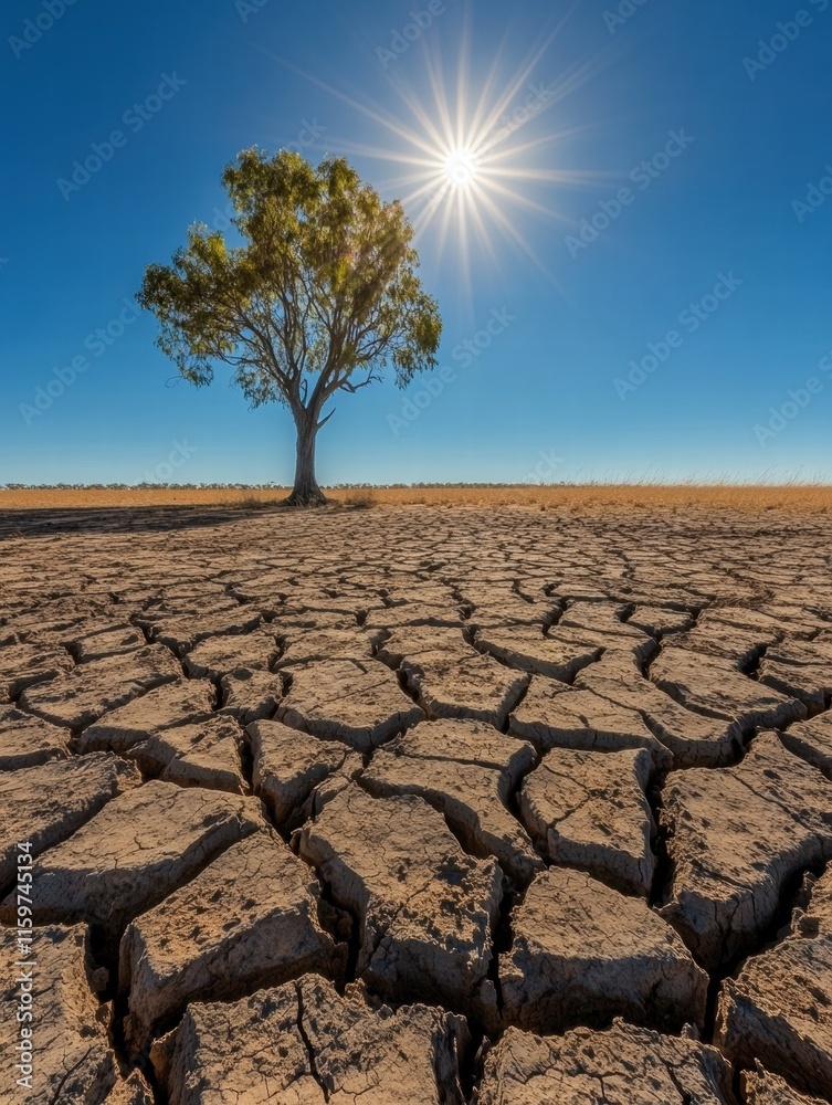 Aufkleber cracked dry lakebed under a blazing sun with a solitary tree in the background highlighting drought 