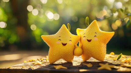 Two happy cartoon stars holding hands outdoors.