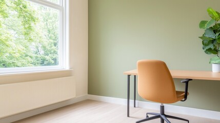 Fototapeta premium Cozy Home Office With Garden View Featuring Minimalistic Decor and Green Accents at Orteliusstraat