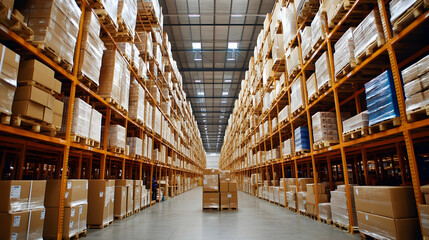 Fototapeta premium Vast warehouse interior showcasing high-stacked pallets of cardboard boxes, illustrating efficient logistics and storage solutions.