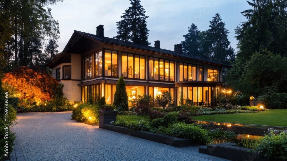 Aufkleber luxury mansion with beautiful garden and modern architecture in the serene evening light surrounded 