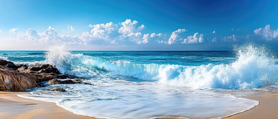 Ocean waves crashing on a sandy beach under a bright blue sky.