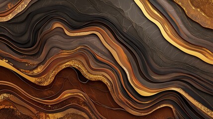 paper cut watercolor illustration of brown wavy flow marble with golden ink texture background