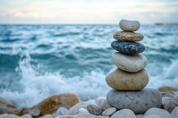 Stones on a sea backdrop represent harmony and balance in life and emotions