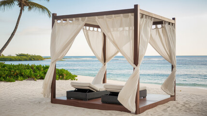 A serene beach cabana with white drapery and comfortable lounge chairs, set against a tranquil ocean backdrop, perfect for relaxation.