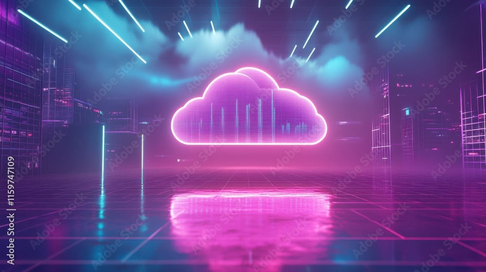 Poster modern cloud computing workspace with analytics display