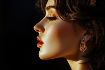 Fototapeta premium Stunning woman with bob hairstyle and golden earring against dark brown background Elegant profile with ideal nose and full lips showcasing glamour