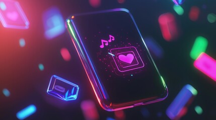 Neon smartphone displaying music and heart icons.