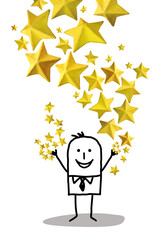 Hand drawn Cartoon stick businessman Throwing Up a shiny yellow stars bunch - photographic collage