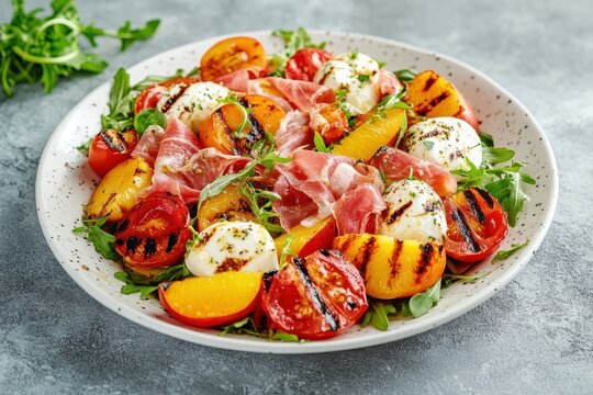 Summer salad featuring mozzarella tomatoes prosciutto and grilled peaches on a white plate against a gray concrete backdrop Overhead view